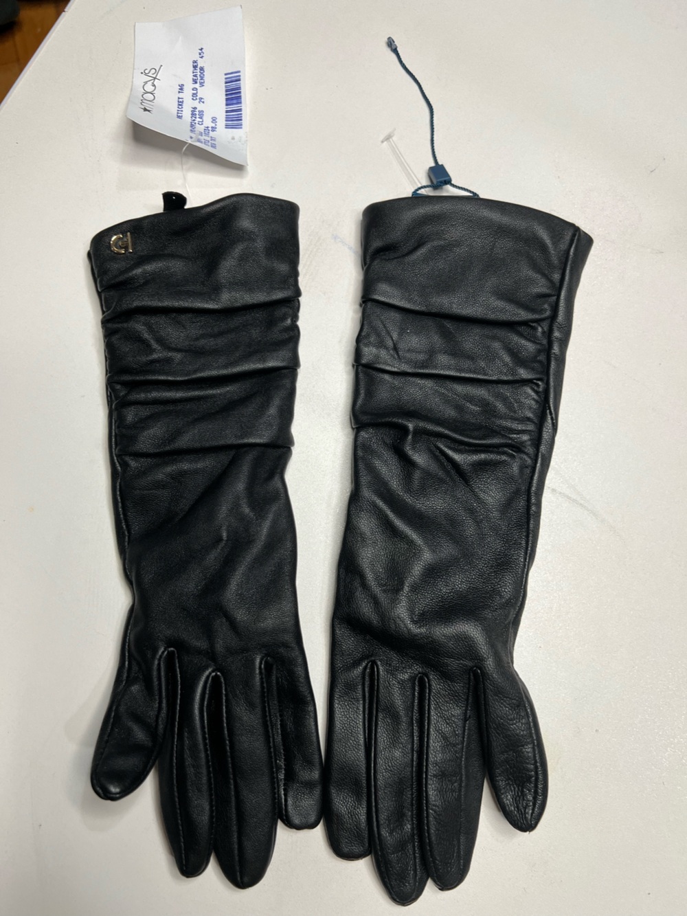 Cole Haan Black Ruched Long Leather Gloves genuine leather